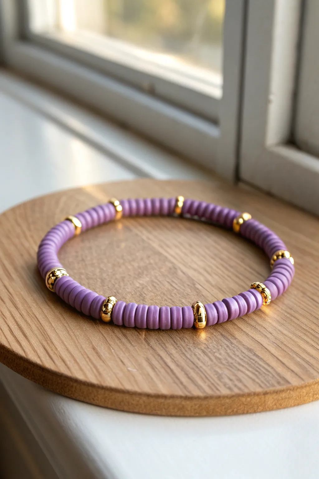Minimal purple heishi bracelet with gold spacers, styled on warm wood for cozy studio calm.