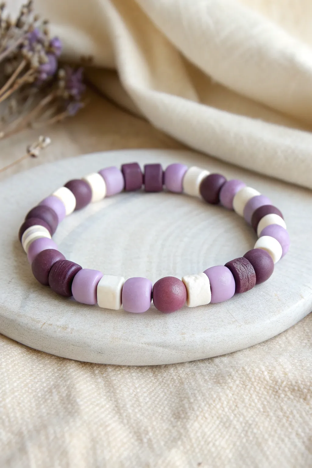 Lilac and plum color-block bracelet with crisp white separators, minimal yet bold.