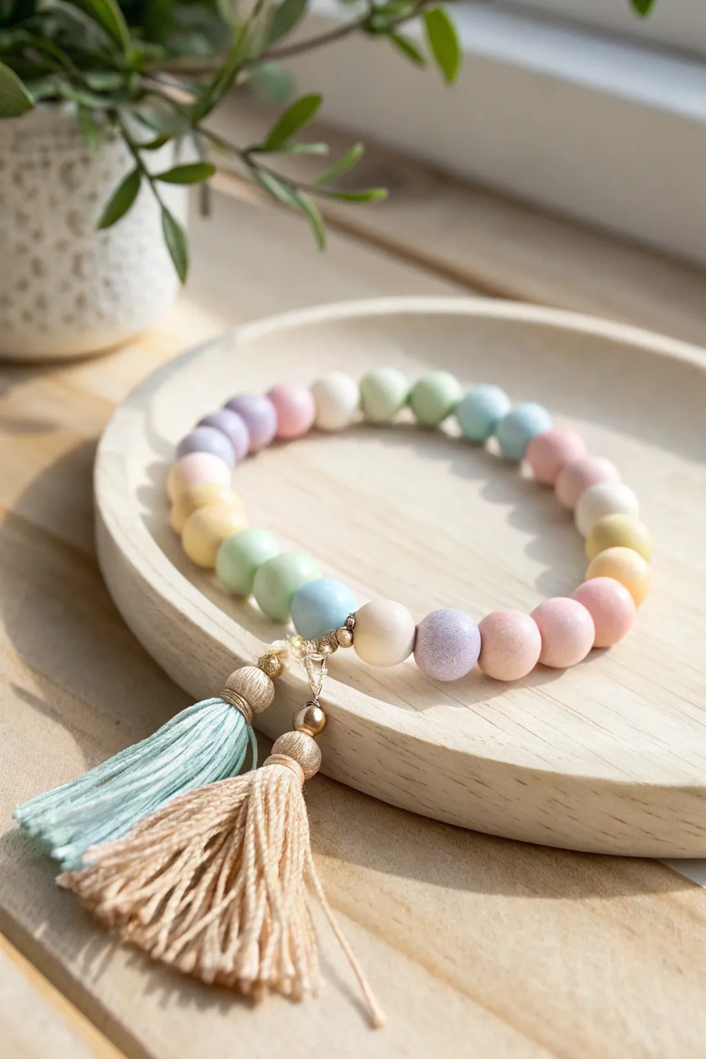 Pastel soft-serve rainbow clay beads on warm wood for a clean, cozy Scandinavian vibe.
