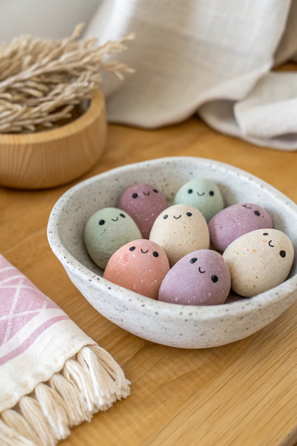 Pocket-size blob creatures in a simple bowl, a cute random clay idea for quick, joyful crafting.