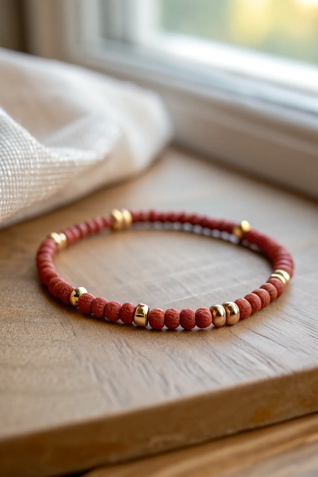 Terracotta heishi bracelet with gold spacers for an easy dressy-casual, minimalist look.