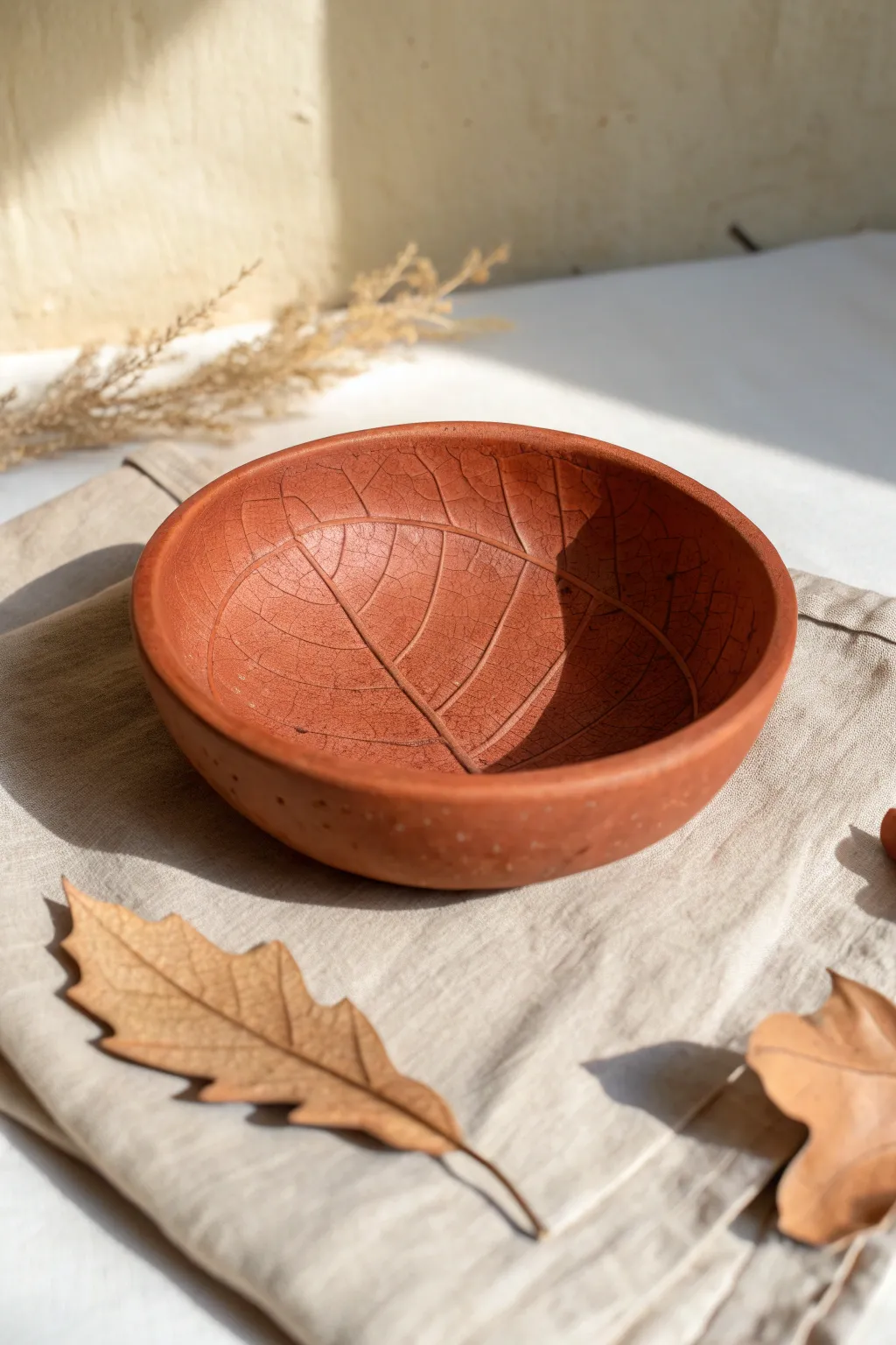 Leaf-imprinted red clay catchall bowl in warm terracotta with natural texture and soft light.