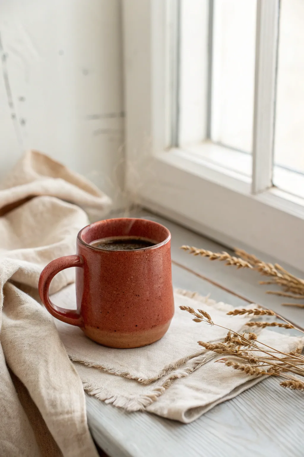 Chunky-handled red clay mug, imperfectly charming and cozy, styled in minimalist Nordic calm