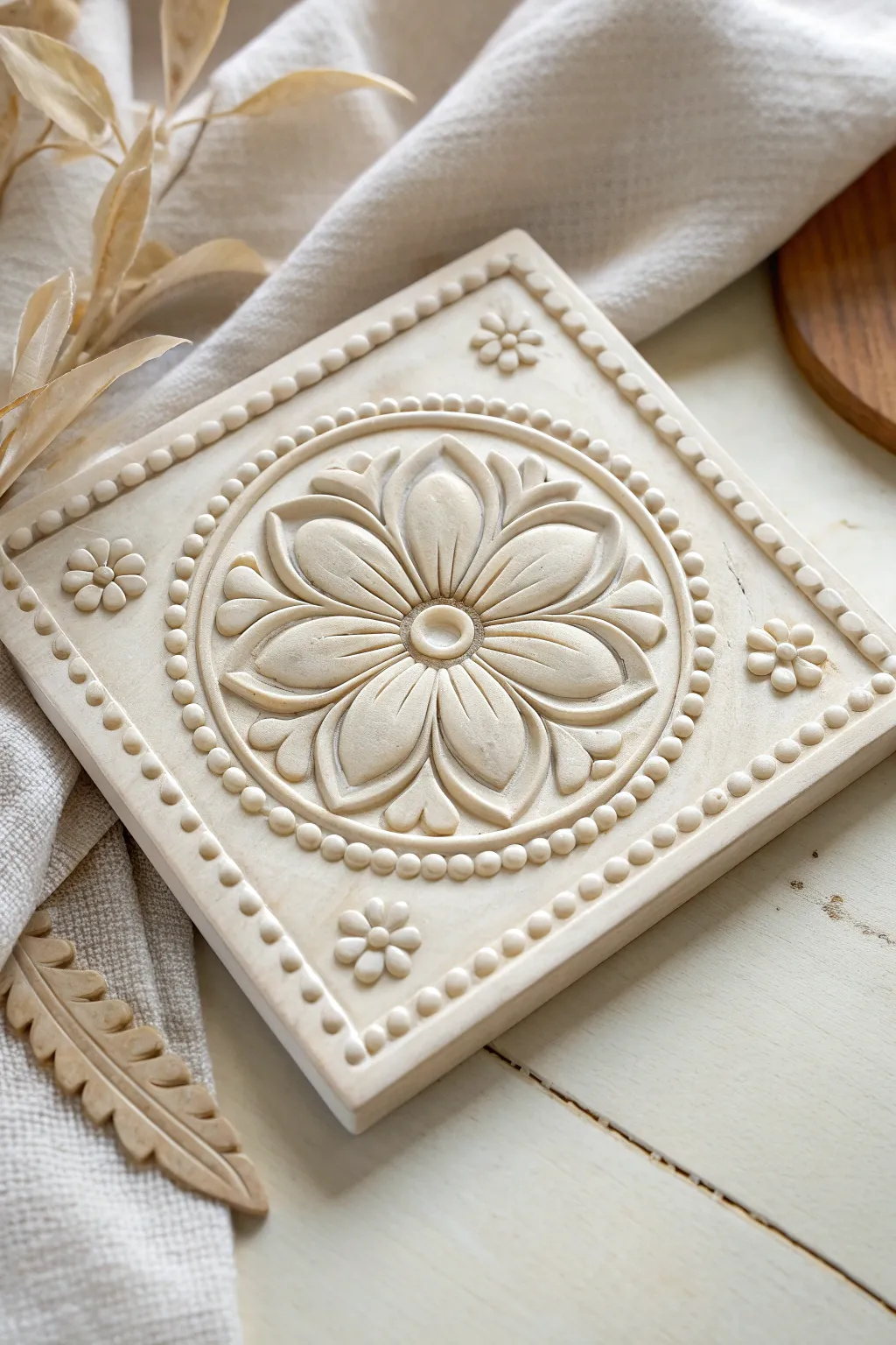 Minimal floral medallion relief tile in matte white, softly sculpted for elegant depth