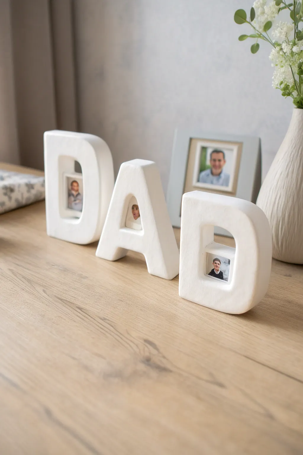 Chunky salt dough letter frames with sweet photo peeks, a minimalist boho Fathers Day keepsake.