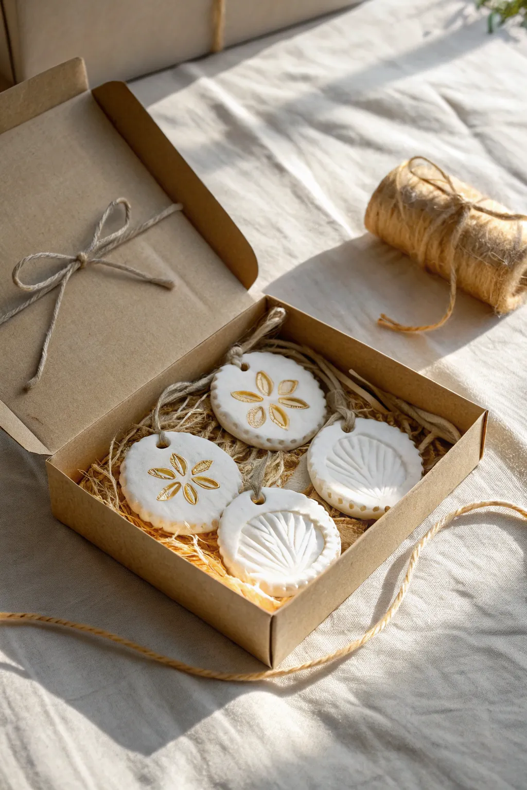 Handprint salt dough keepsakes styled in a simple gift box, creamy white with soft gold edges.
