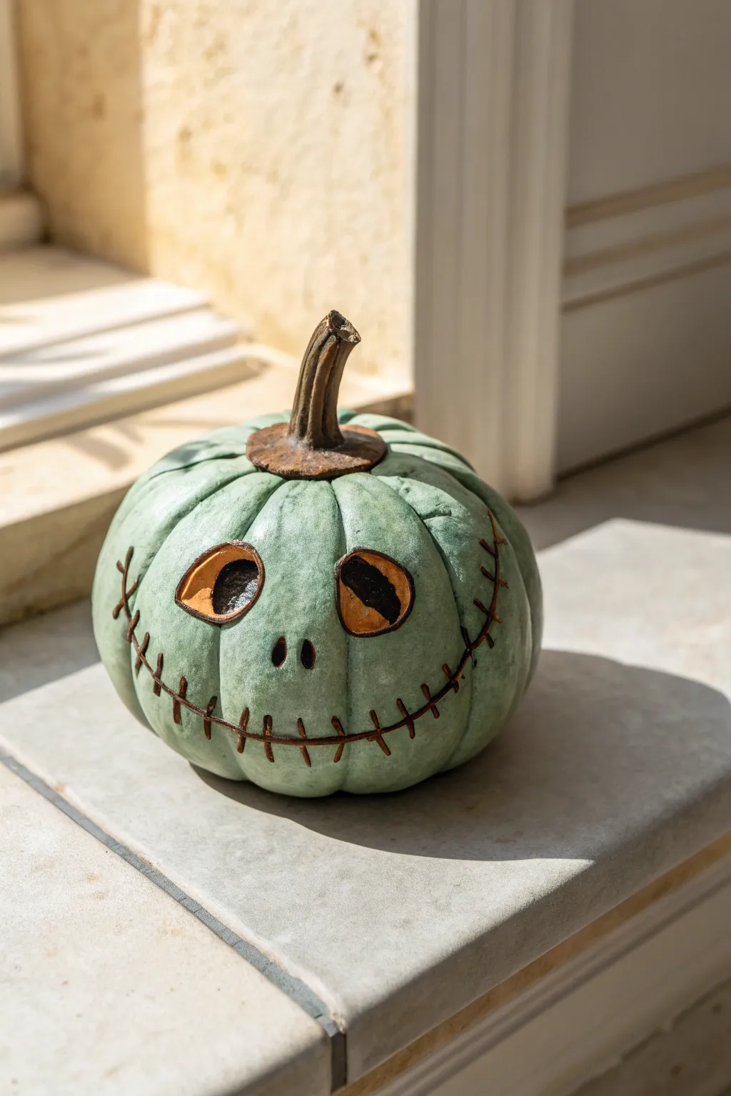 Cute creepy stitched mini pumpkin in muted tones for simple spooky pottery decor.