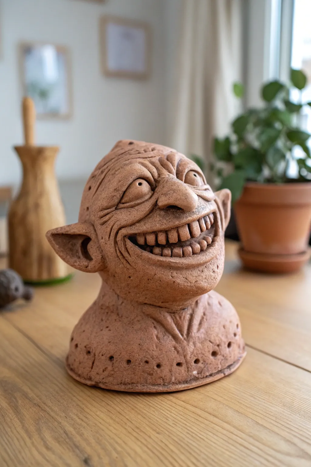 Crooked Fanged Grinner clay monster bust, minimalist yet spooky, with a bold mismatched smile.