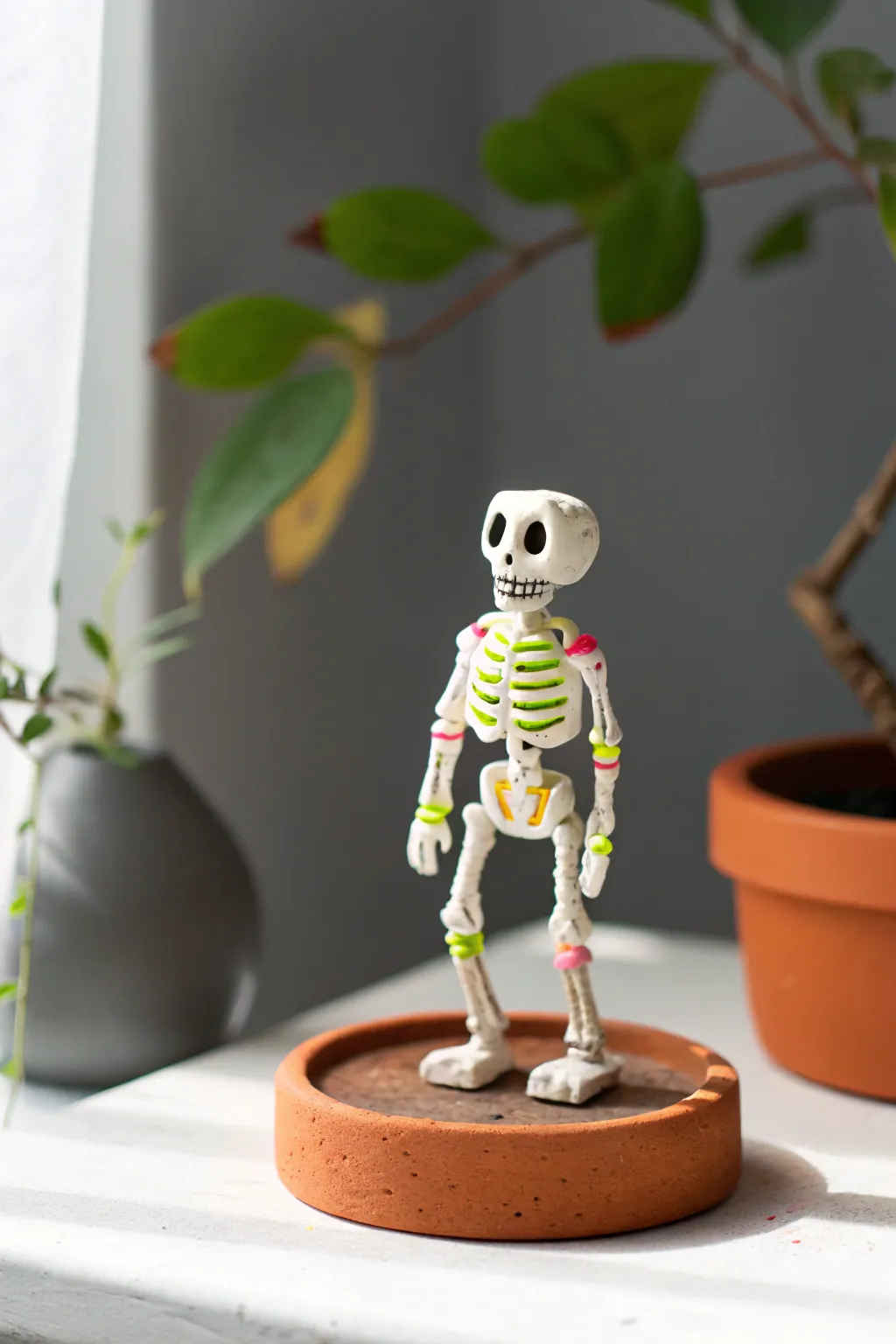 Colorful skeleton mini in clay with neon ribs, perfect for cute spooky Scandinavian Halloween styling