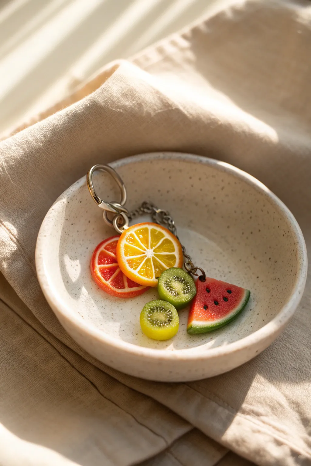Tiny fruit-slice cane charms in a minimalist dish, crisp patterns and bright, happy color.