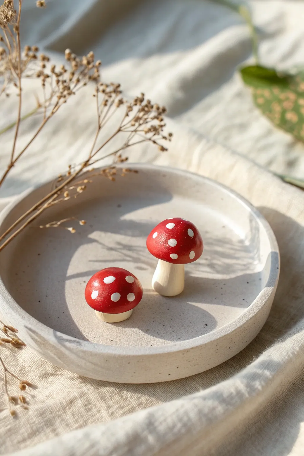 Easy Sculpey mushroom pair: one red dotted cap and one neutral cap, perfect beginner charms.