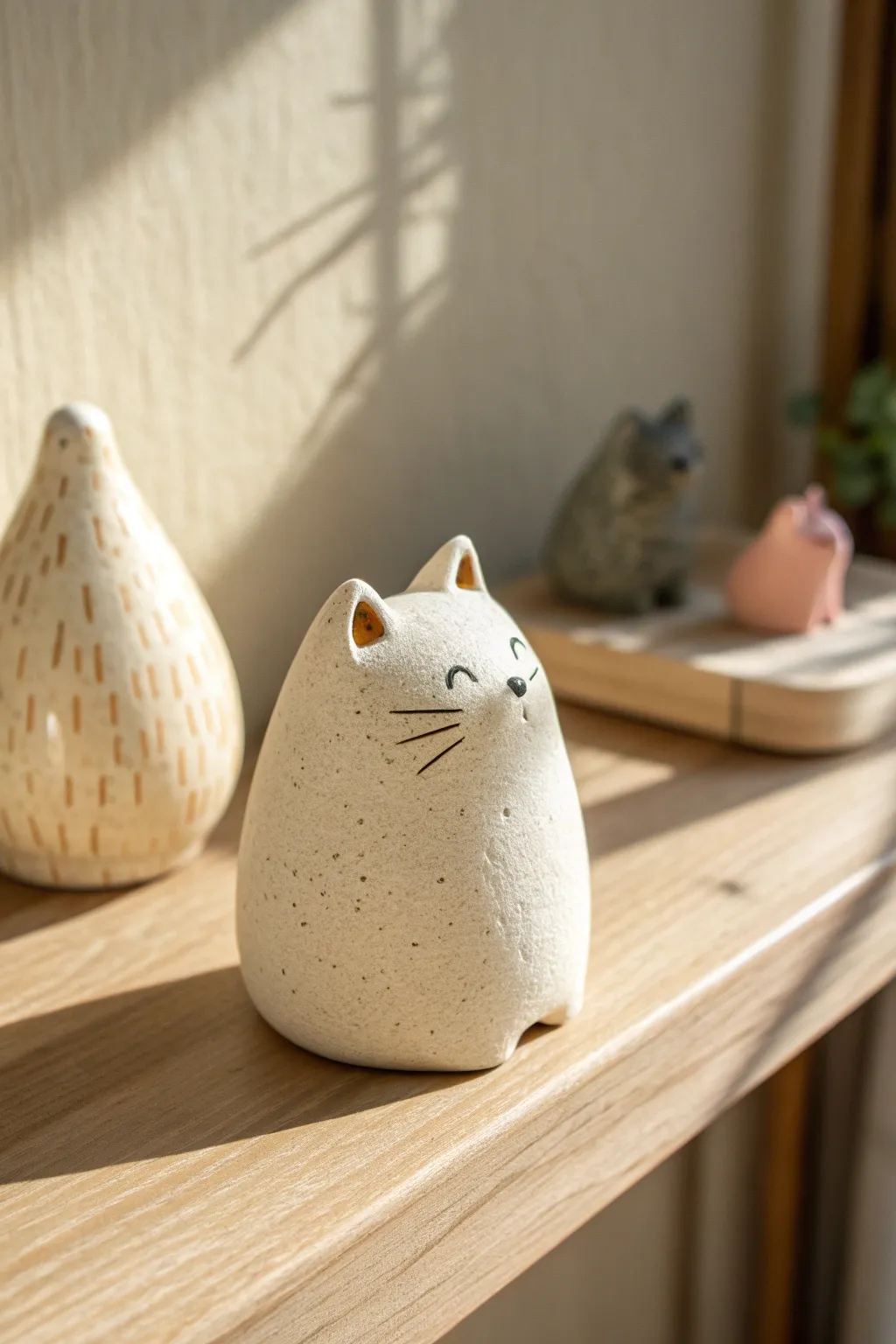Tiny oven-bake clay animal figurine brings cozy desk charm in minimalist Scandinavian style.