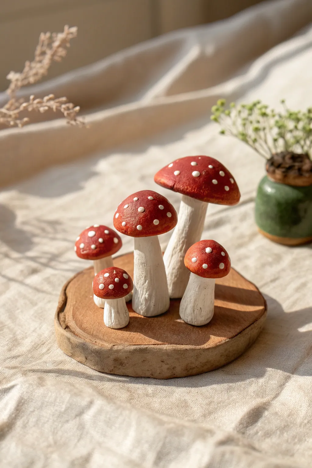 Mini clay mushroom cluster that brings a tiny woodland mood to your shelf, simple and sweet.