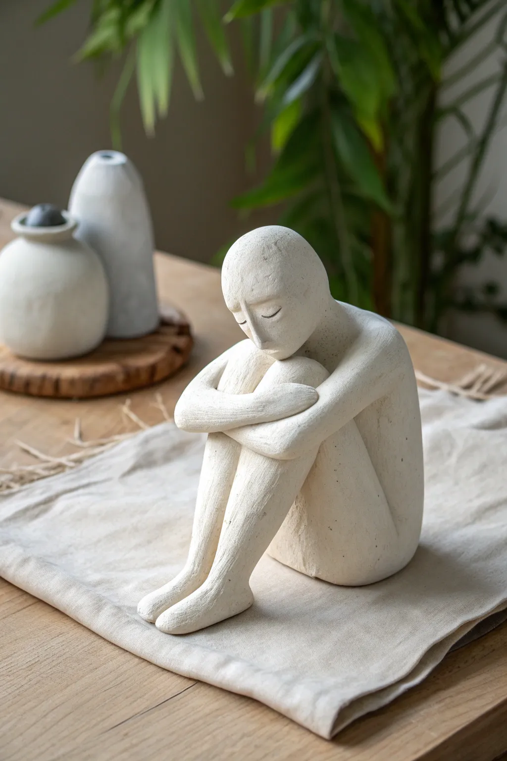 Palm-sized clay figure in a simple seated pose, minimalist Scandinavian style with soft boho warmth