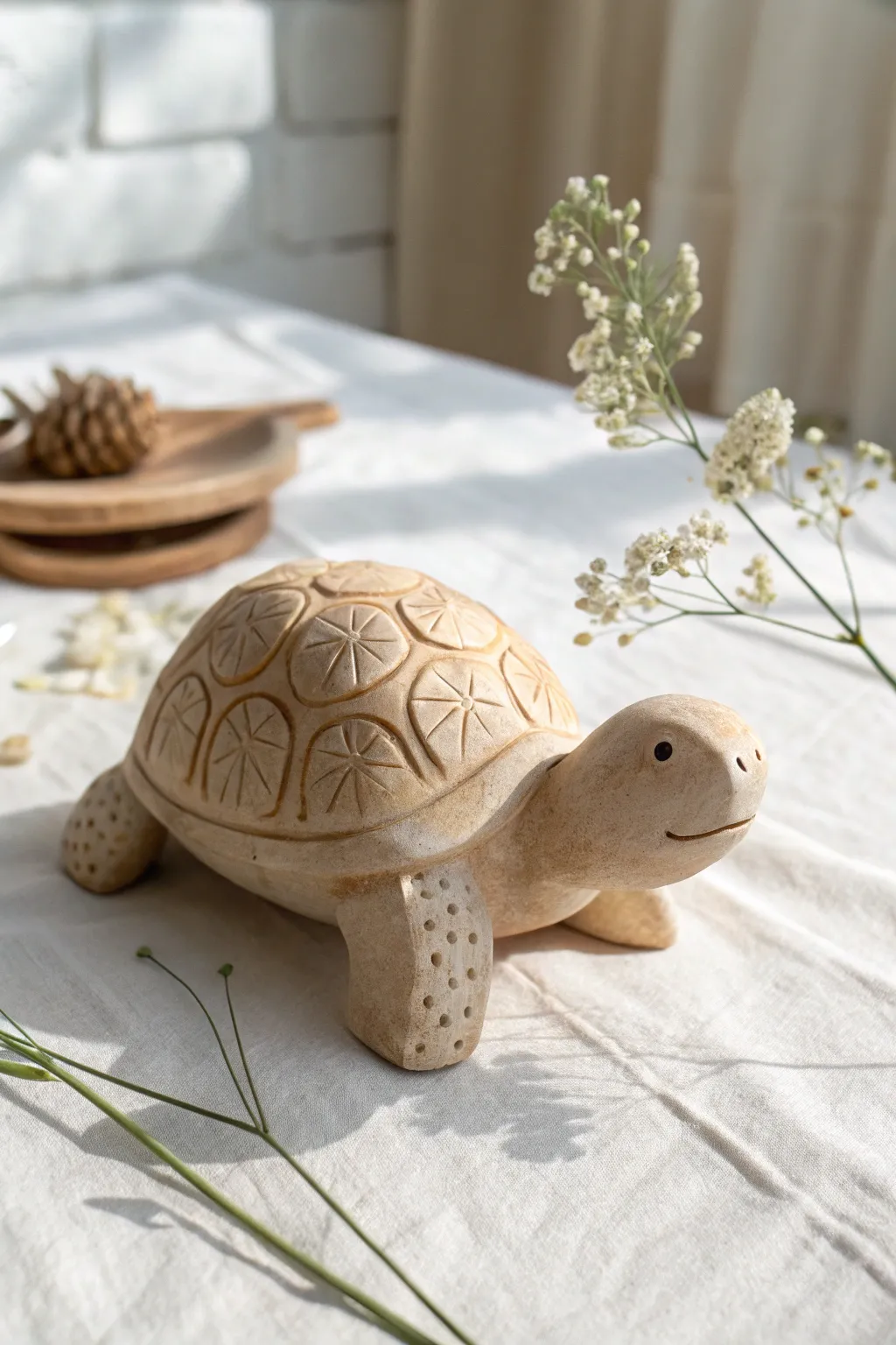 Simple stamped-shell clay turtle sculpture, minimalist boho styling on a clean light backdrop.