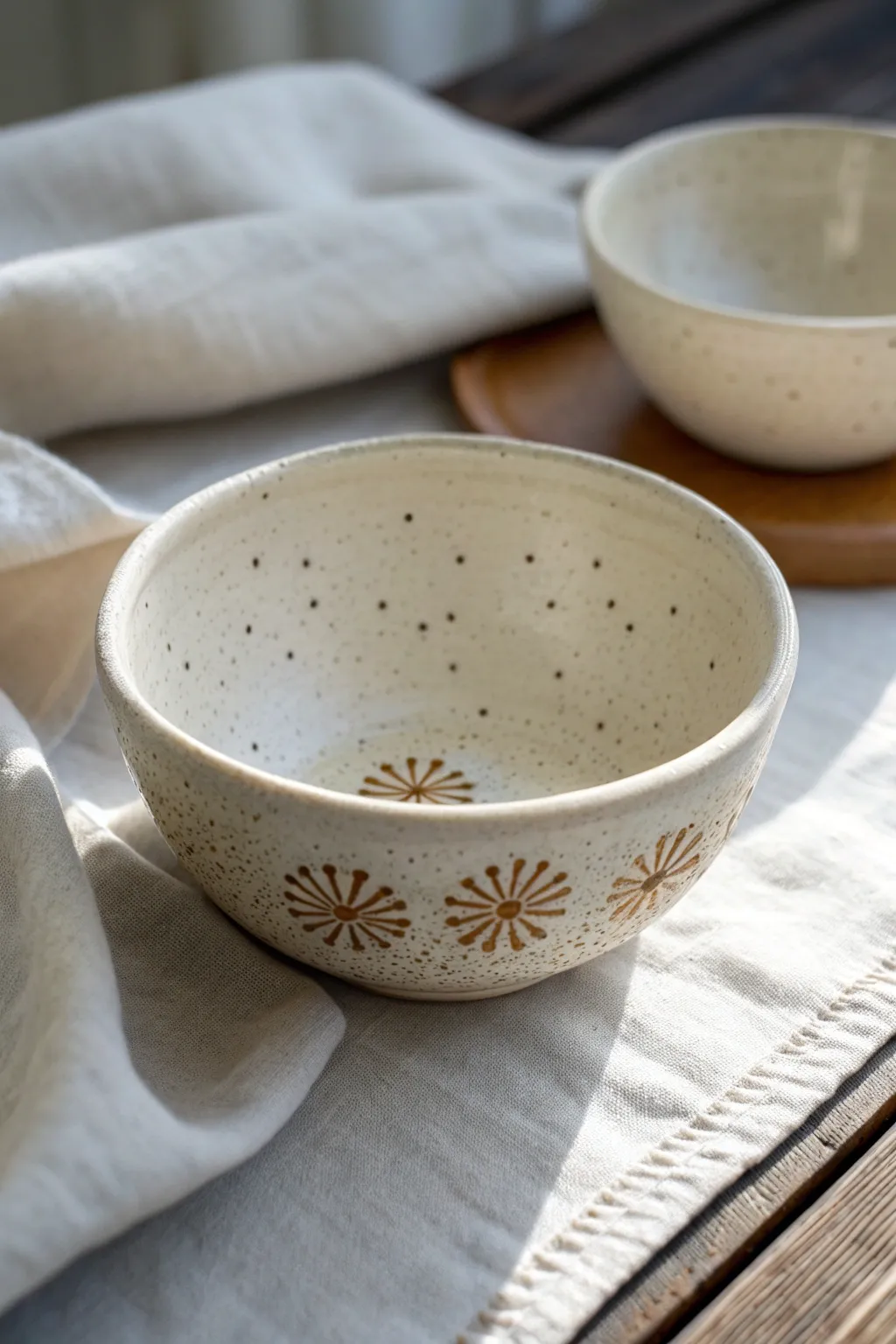 Playful sgraffito bowl with polka dots clustering into sweet starbursts, simple and beginner-friendly.