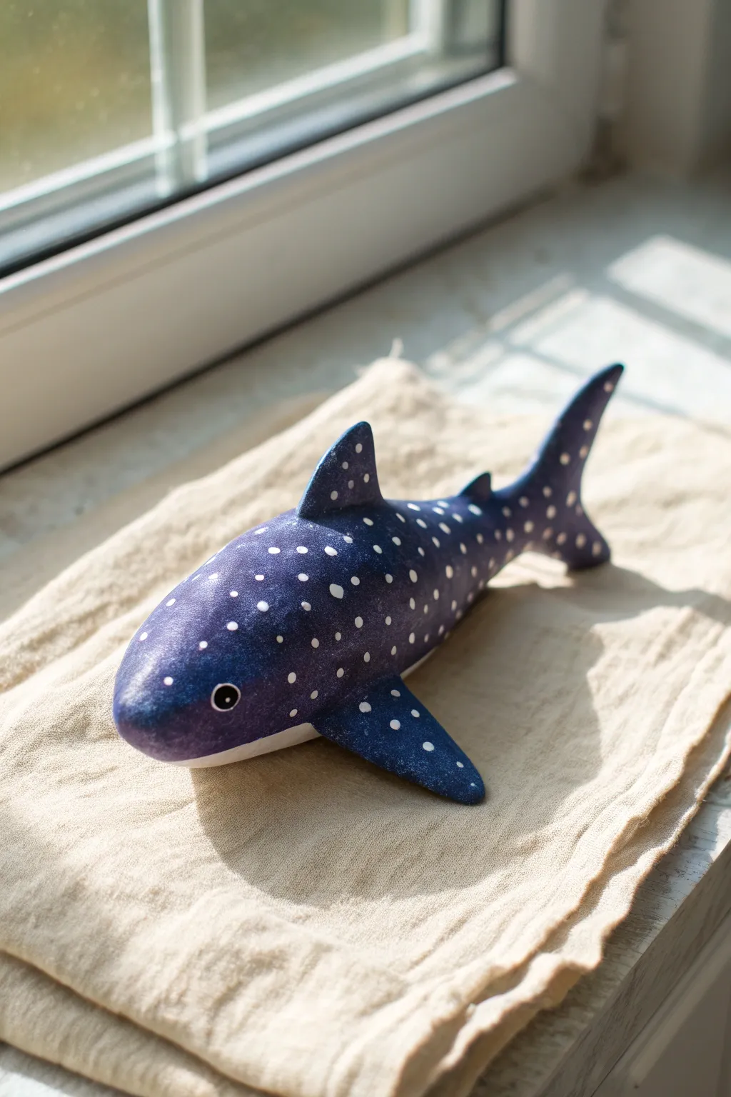 Cute polka-dot whale shark clay figure in deep indigo, minimalist and boho on neutral linen