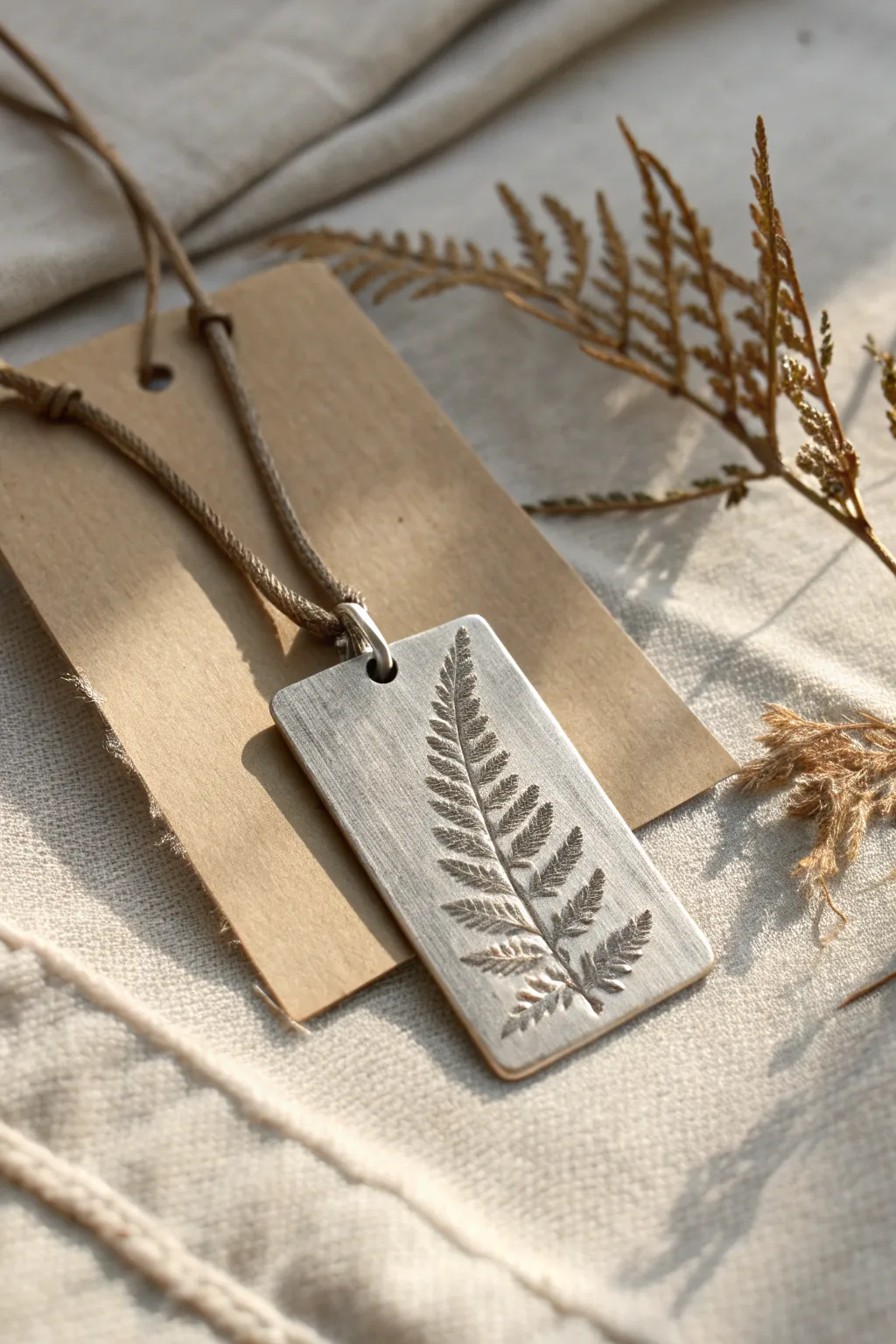 Silver clay botanical tag pendant styled with dried fern for serene Scandinavian boho charm