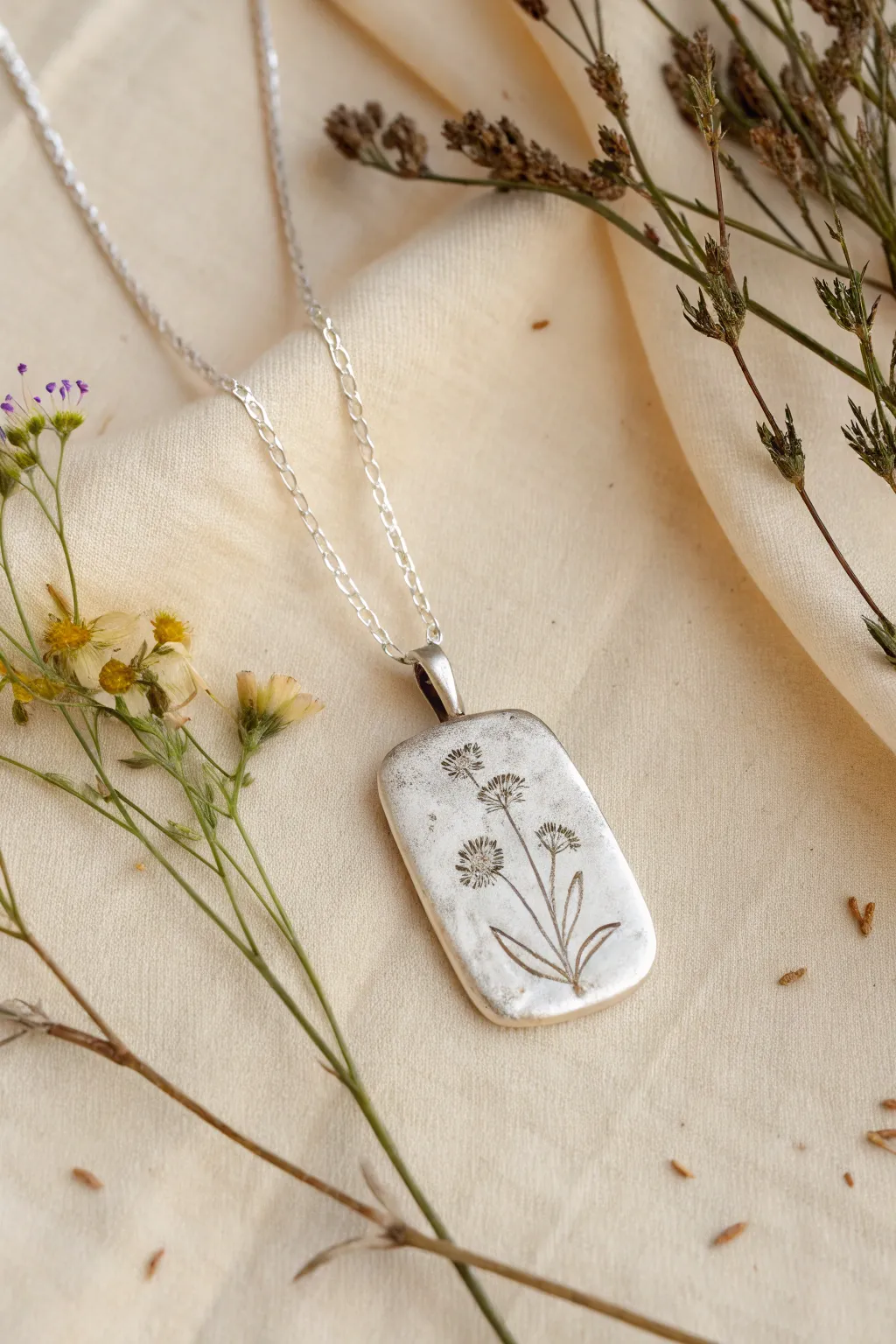 Wildflower petal press silver clay pendant with matte finish and softly polished highlights