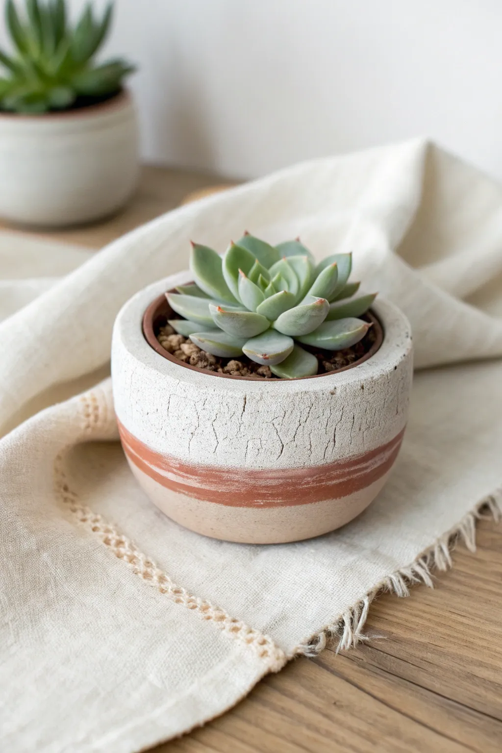 Classic air-dry clay pinch pot planter with a tiny succulent, minimal, cozy, and handmade