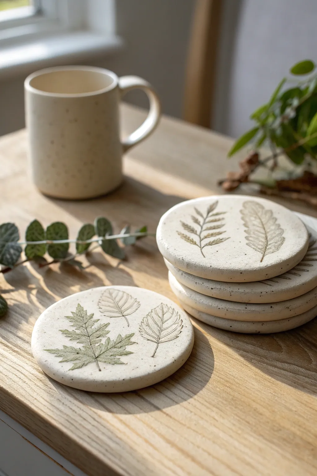 Simple botanical leaf-imprint air dry clay coasters, styled in a calm Scandinavian boho scene.