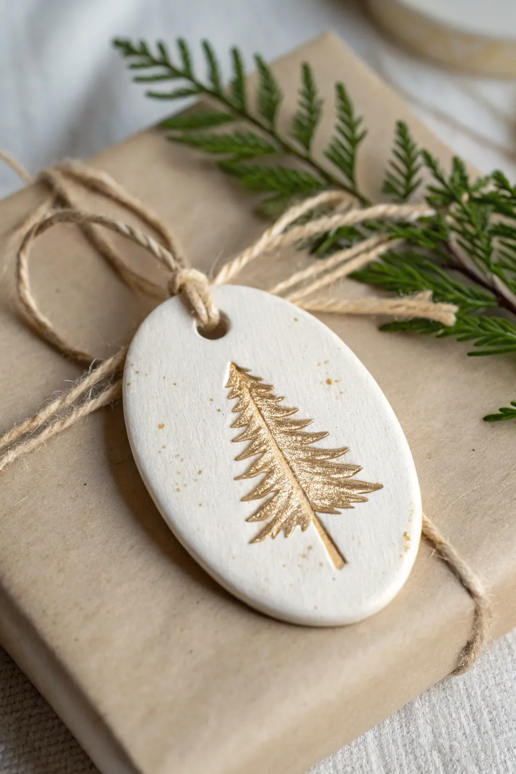 Minimal evergreen clay tag with metallic highlights, perfect for simple handmade Christmas gifting