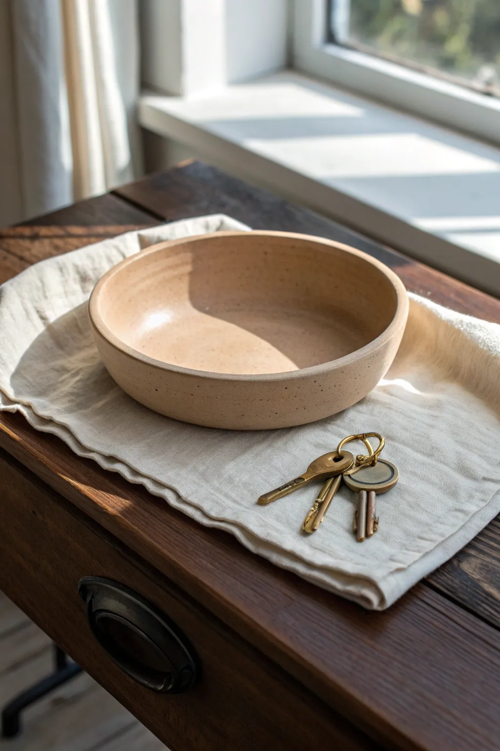 Minimal pressed-in clay bowl in soft beige, perfect handmade catch-all for everyday keys.