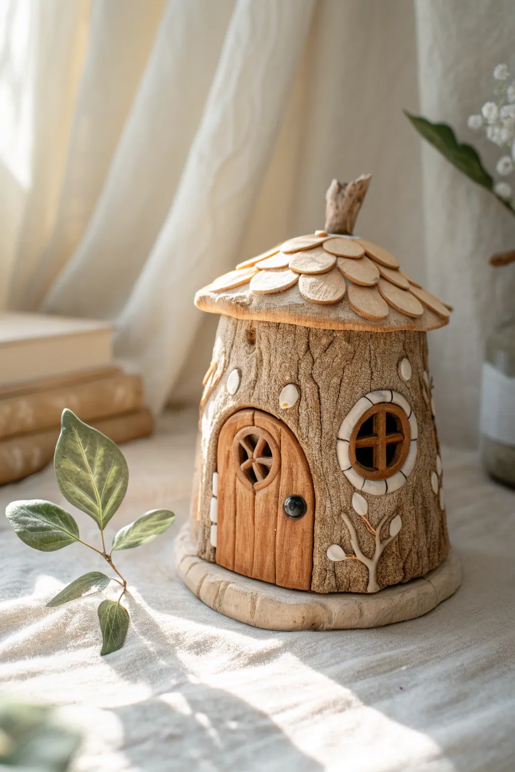 A sweet stump-shaped clay fairy house with bark texture, round door, and leafy details.