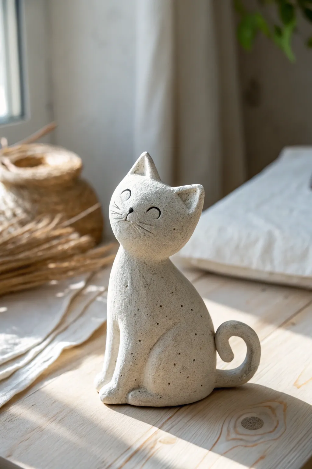 Tiny sitting cat clay figure with simple eyes and curled tail, perfect minimalist boho decor.