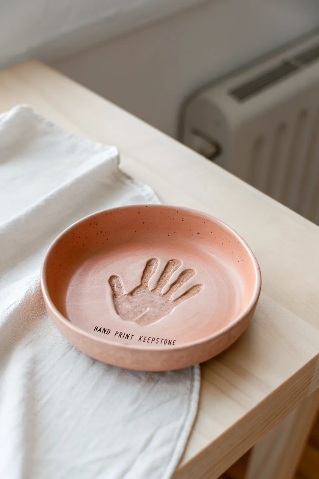 Simple handprint keepsake dish in a soft solid color, perfect for an easy kid friendly clay project.