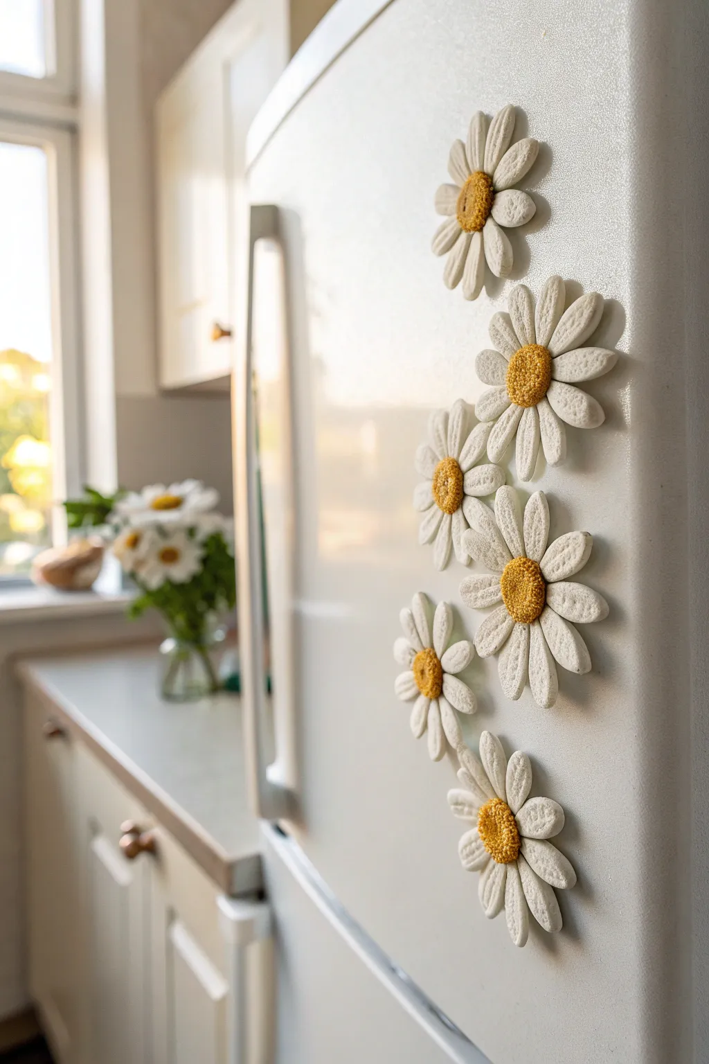 Sweet handmade daisy clay magnets, bright and simple, adding cheerful charm to your fridge