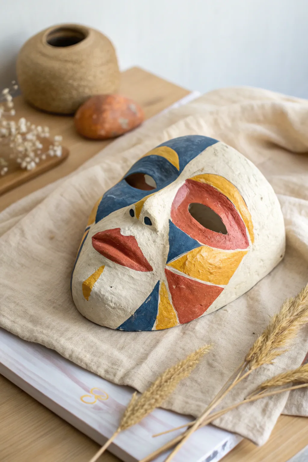 Mix-and-match clay mask with chunky colorful add-on eyes, nose, and lips in minimal boho style