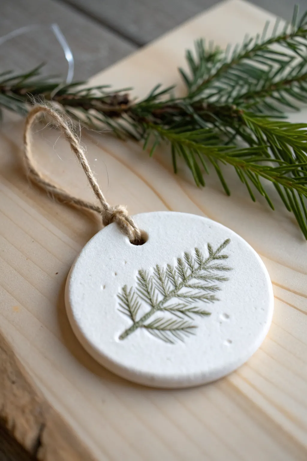 Minimal white clay disc ornament with evergreen imprint and twine, styled with fresh greenery