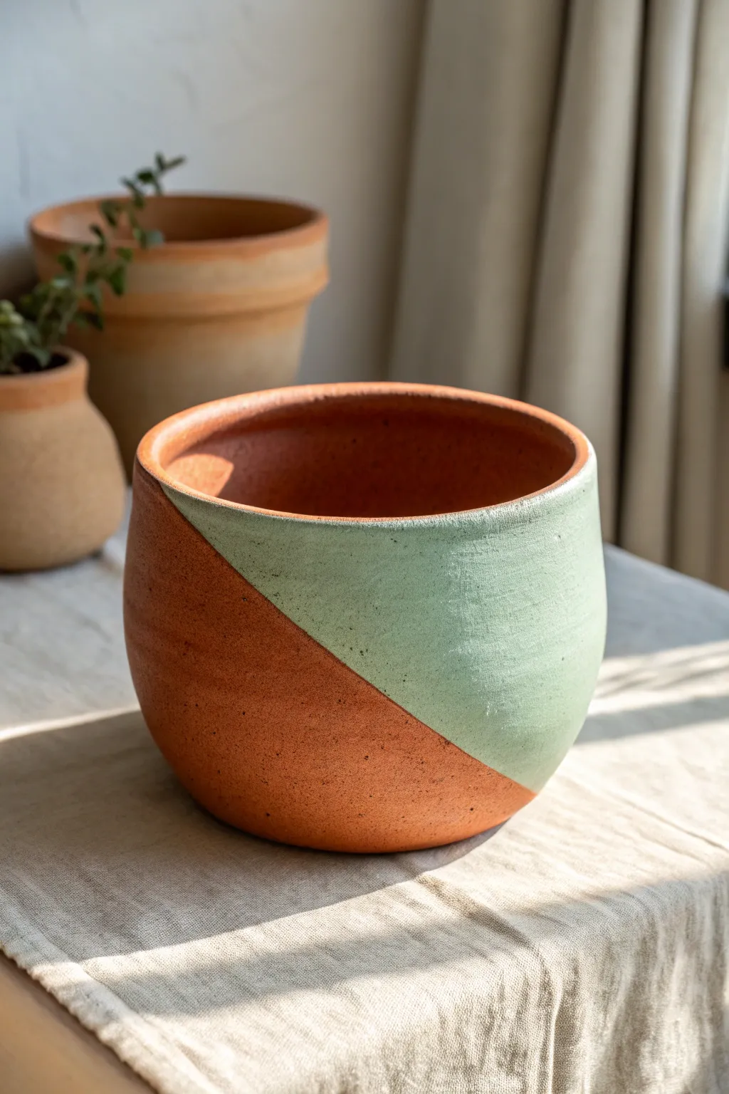 Simple diagonal two-color blocking on a matte clay pot for a clean modern handmade look