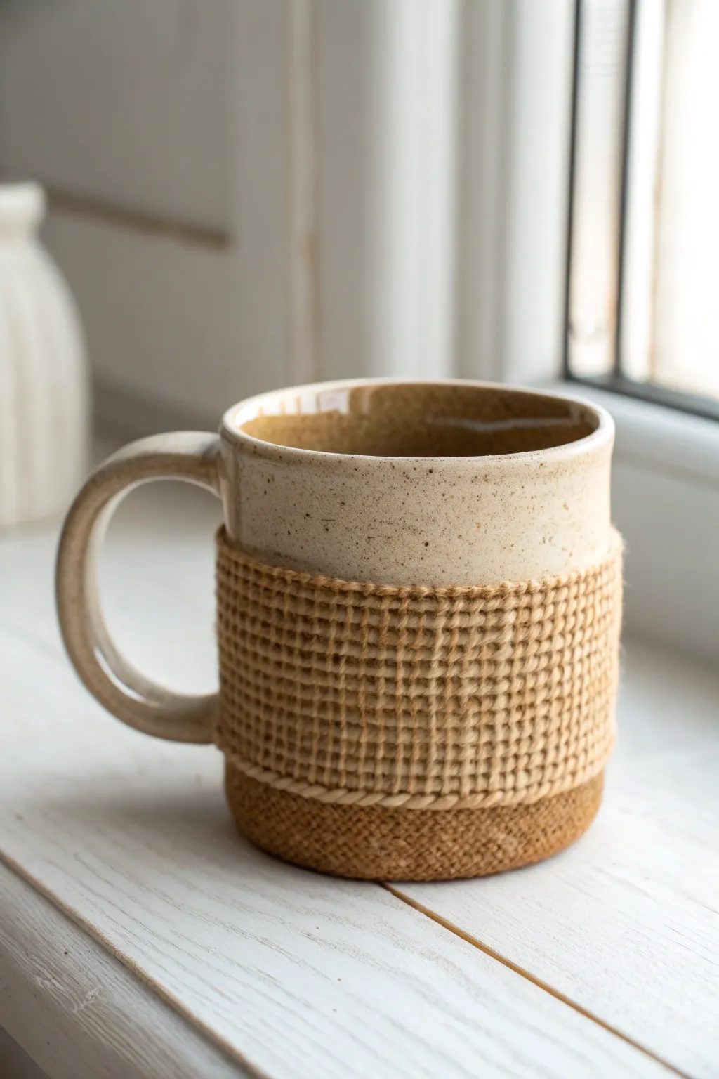 Bold burlap imprint on a chunky clay mug, a simple rustic texture with minimalist charm.