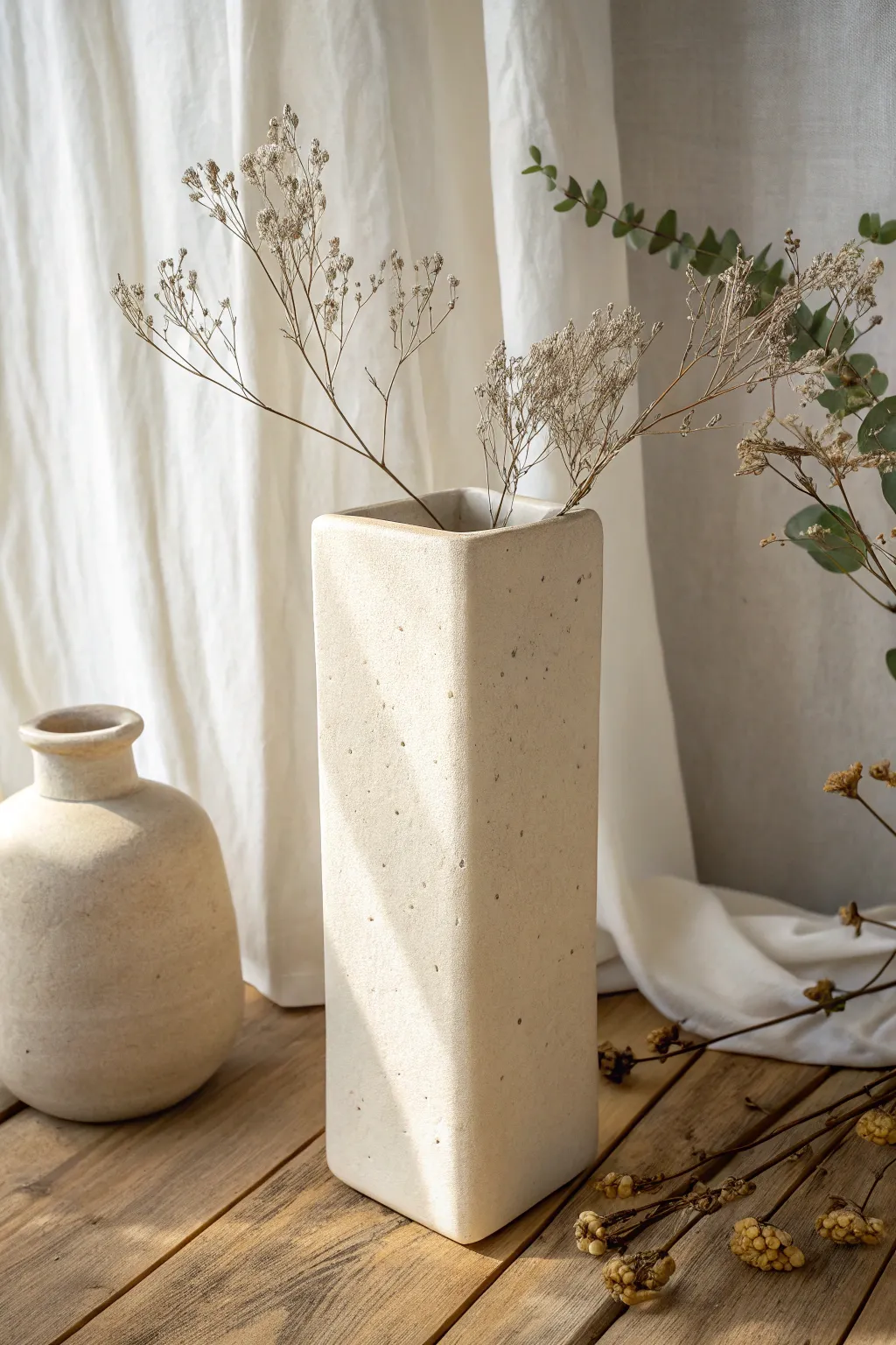 Easy modern slab-box vase in creamy off-white, styled with simple eucalyptus for calm minimal decor.