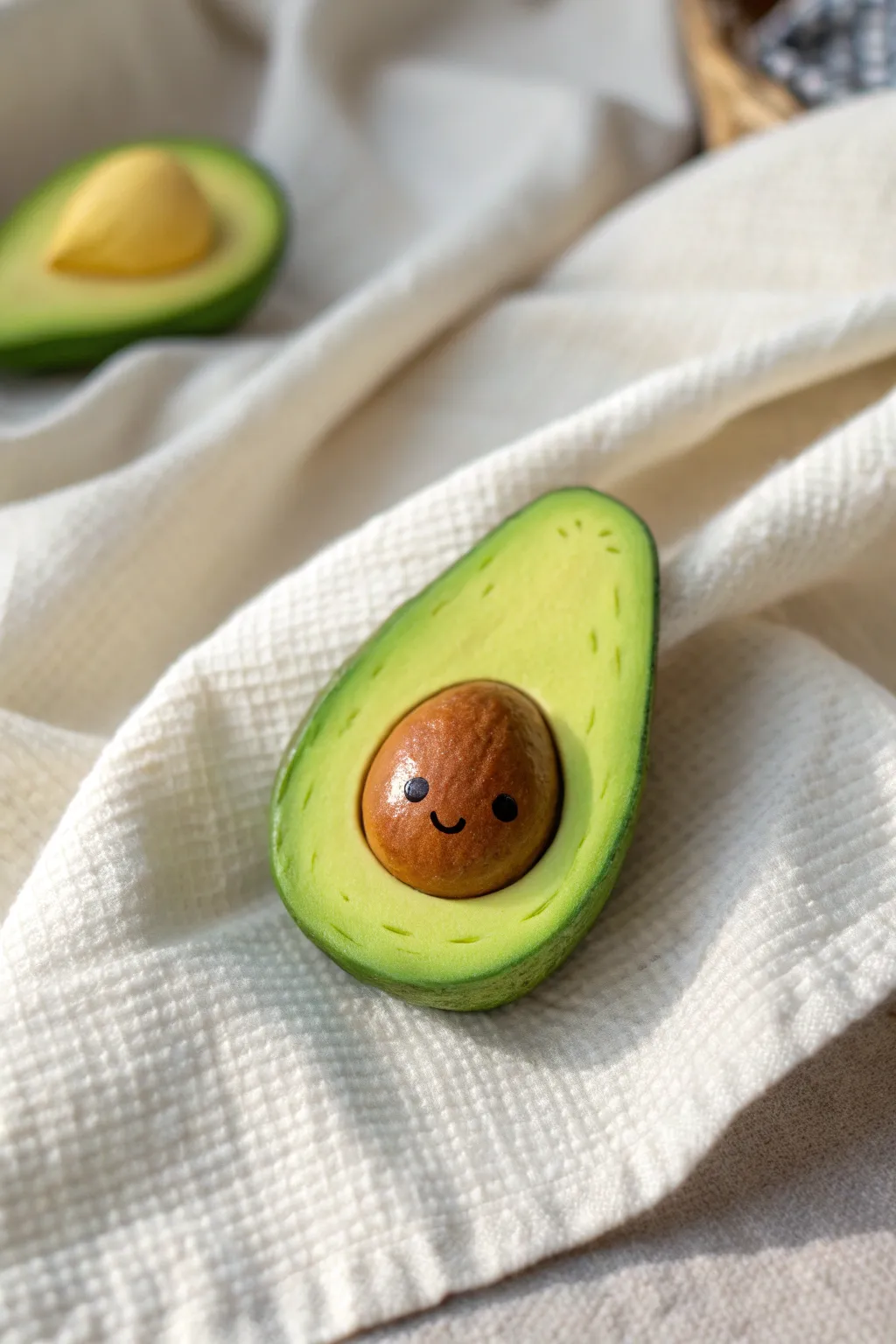 Sweet smiley avocado charm in bright green clay, minimal and handmade with soft natural light