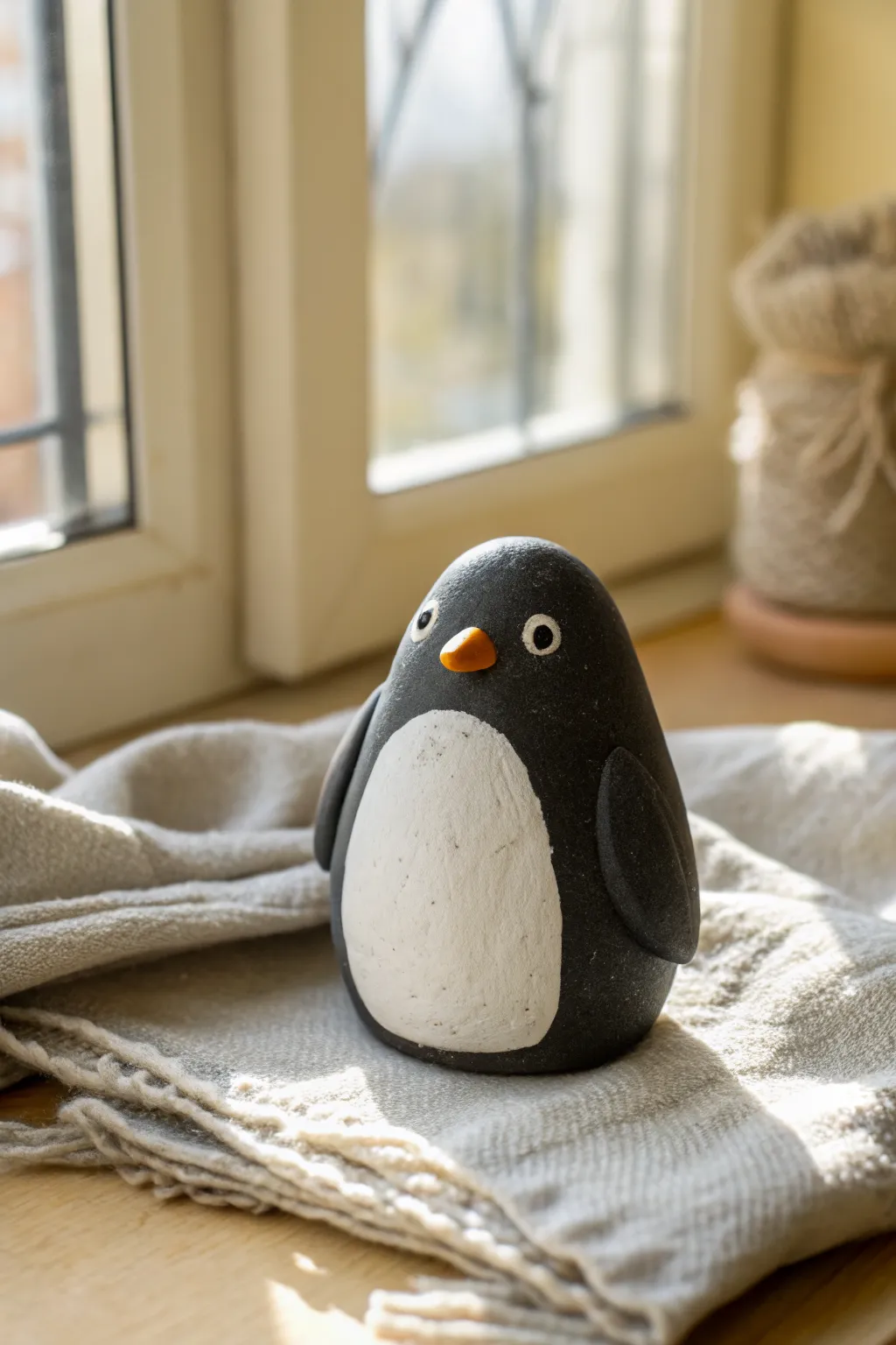Simple oval clay penguin with tiny flippers and a contrasting belly, cute and beginner friendly.