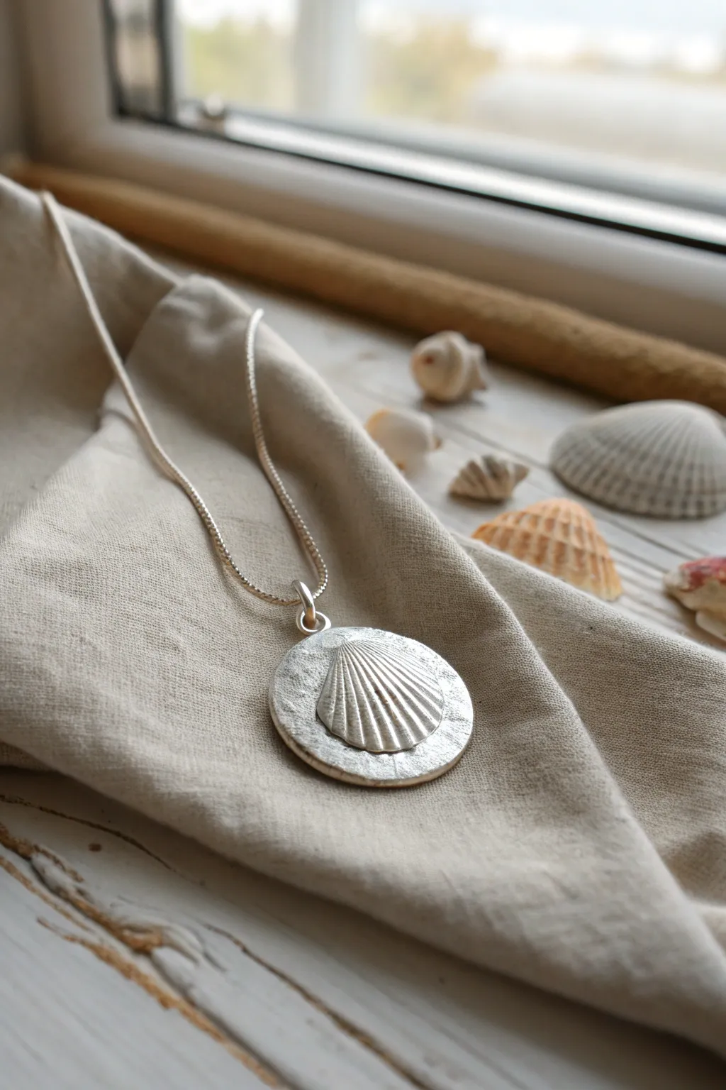 Shell-textured silver clay coin pendant styled on linen for a calm coastal, minimalist look.