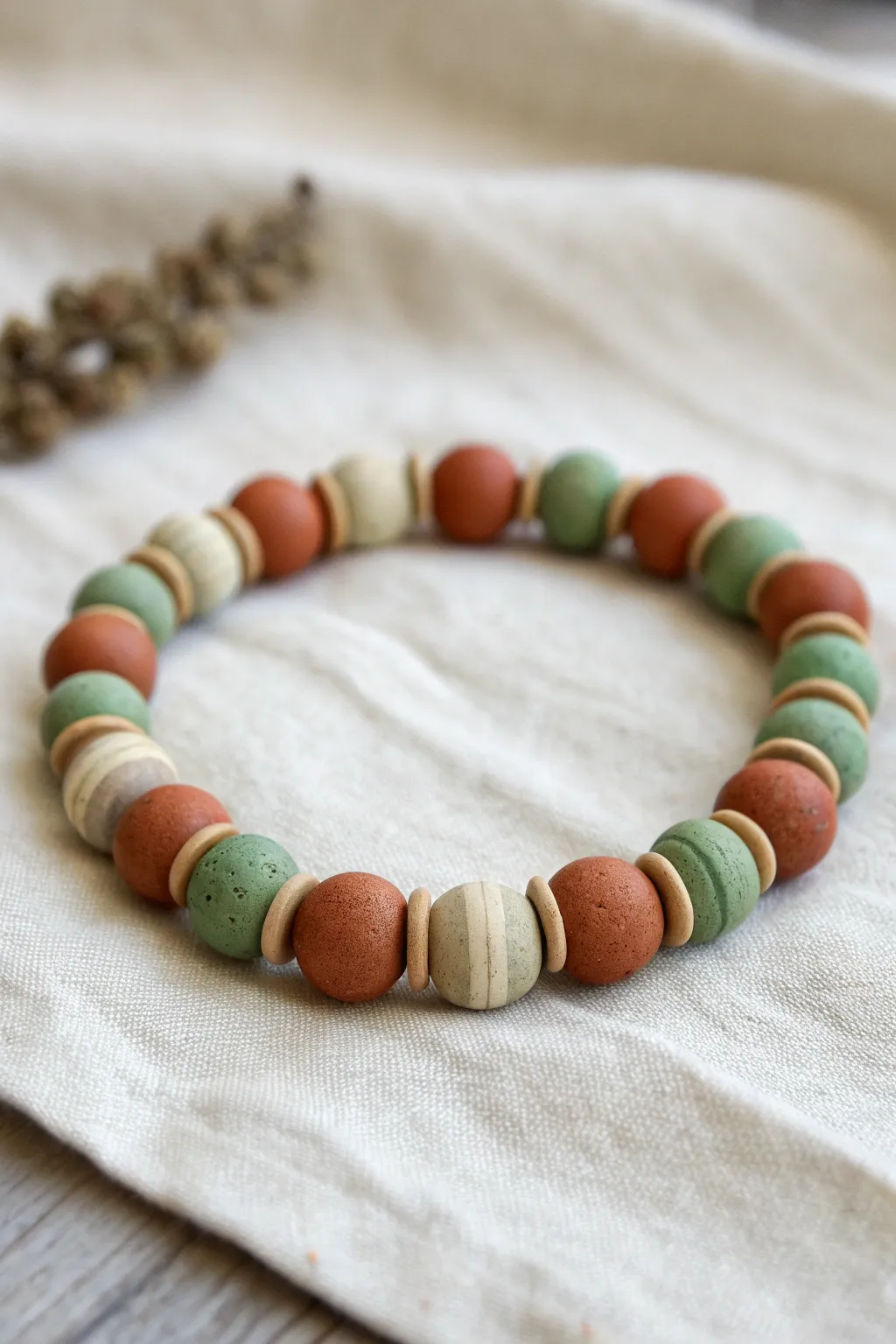 Easy 3-color stripe repeat clay bead bracelet in soft earthy tones, minimalist and boho.