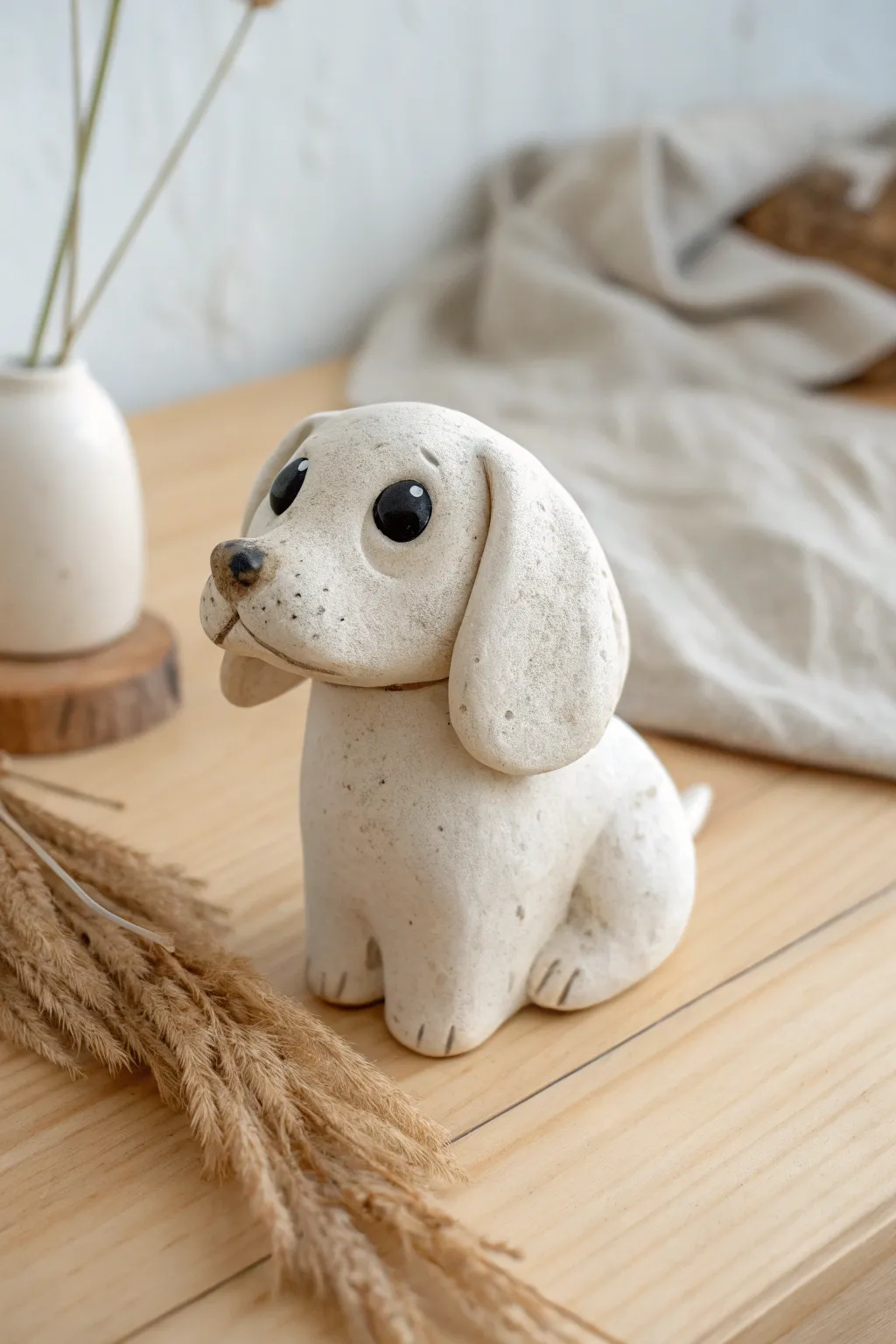 Minimalist clay puppy with floppy ears and big eyes, a charming beginner-friendly figure idea.