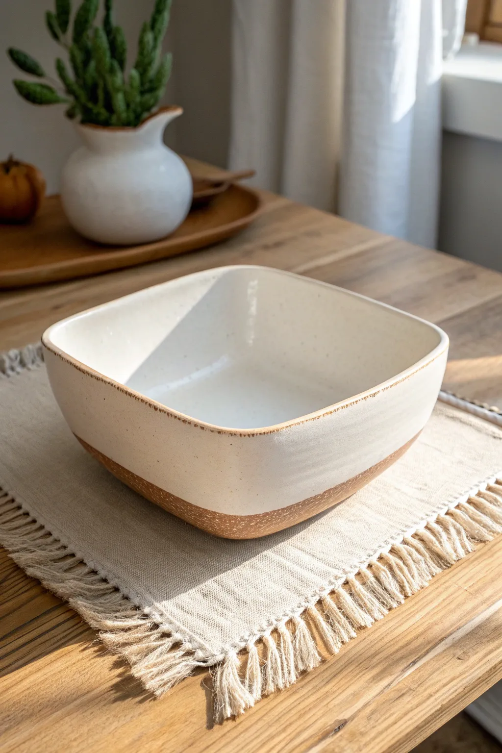 Square slab bowl with lifted corners for a clean, airy look that feels handmade and modern.
