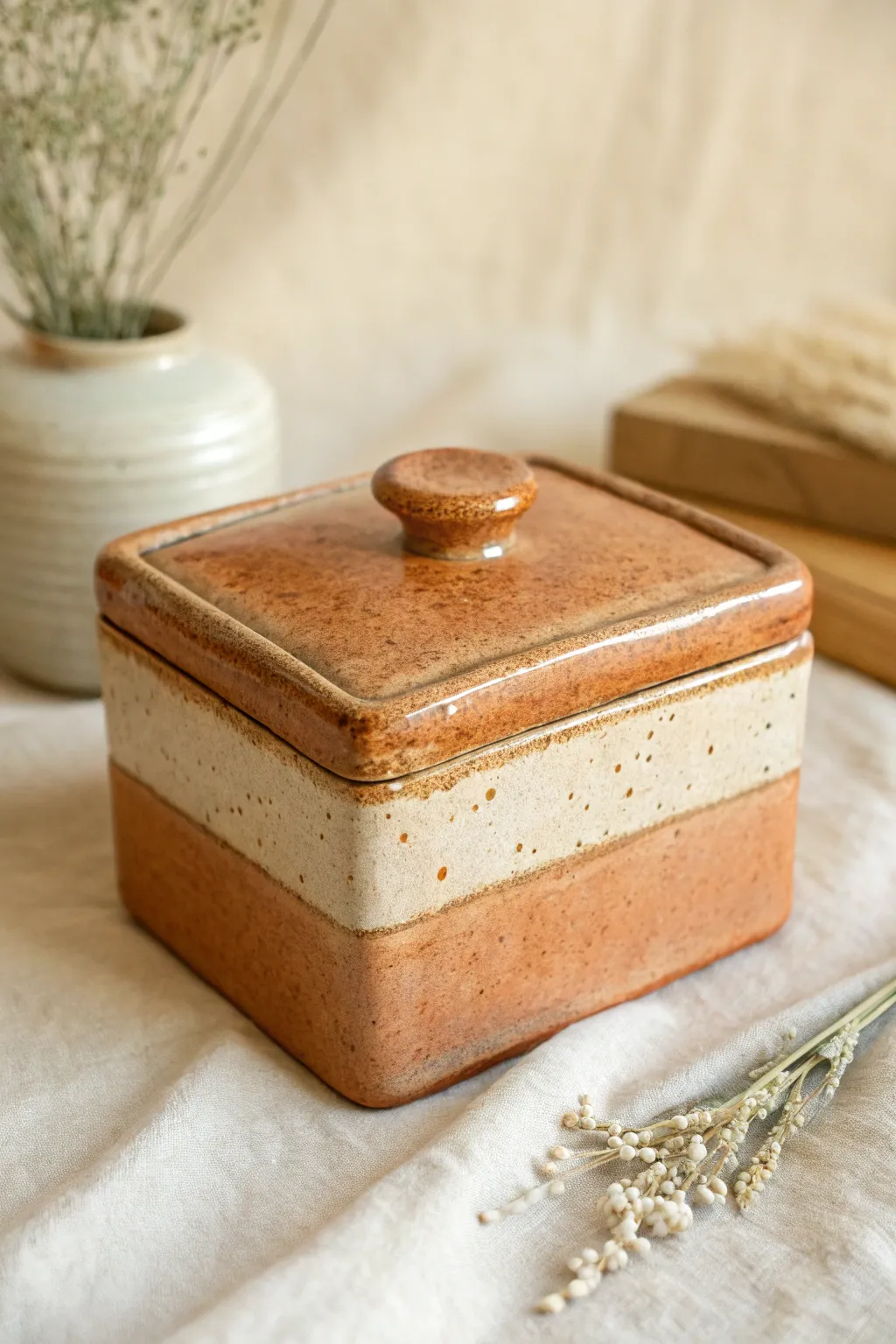 Warm, earthy apothecary-style slab box with a rounded shoulder lid and calm minimalist vibe.