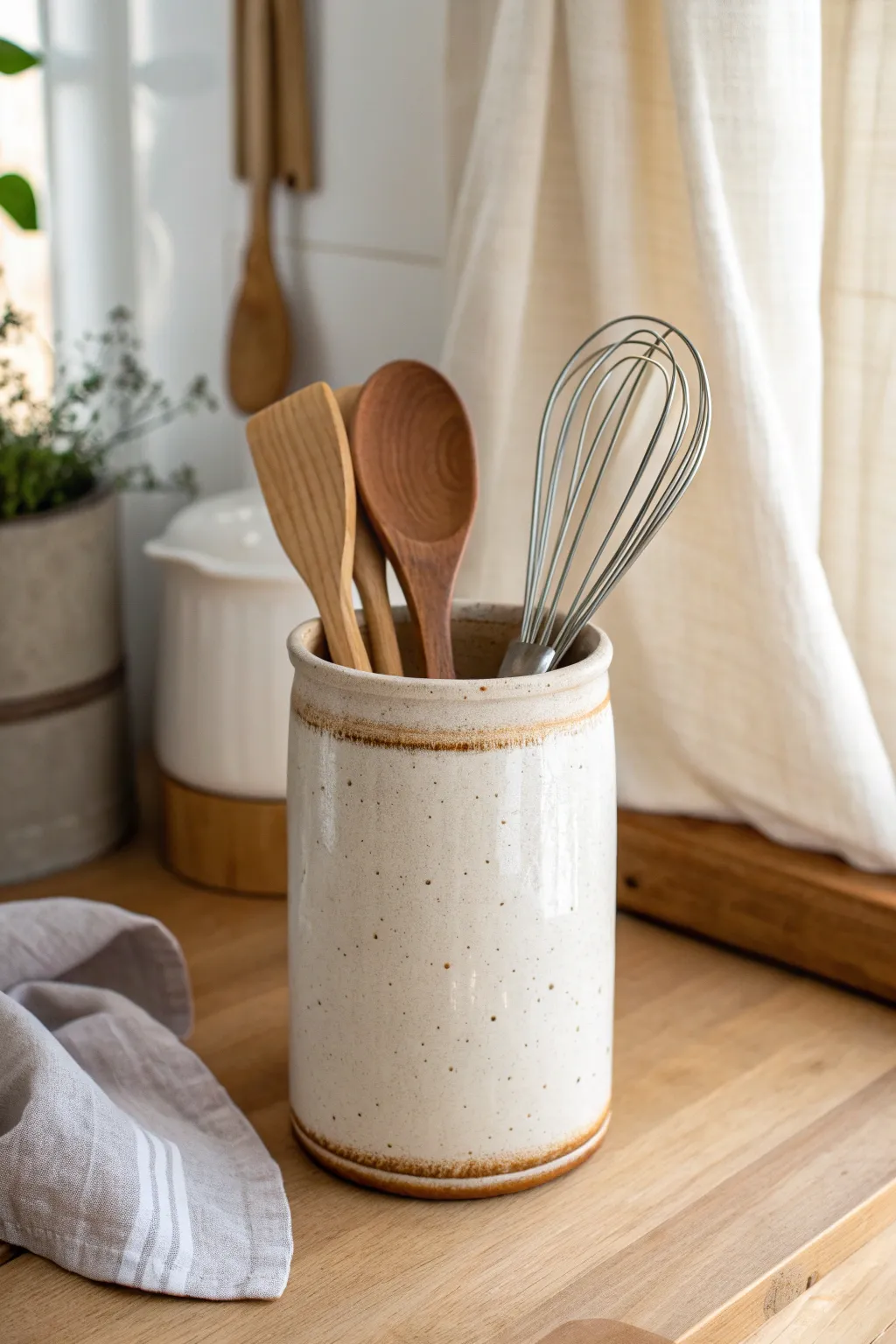 Matte slab cylinder utensil crock with wooden tools, a calm handcrafted focal point for any kitchen.