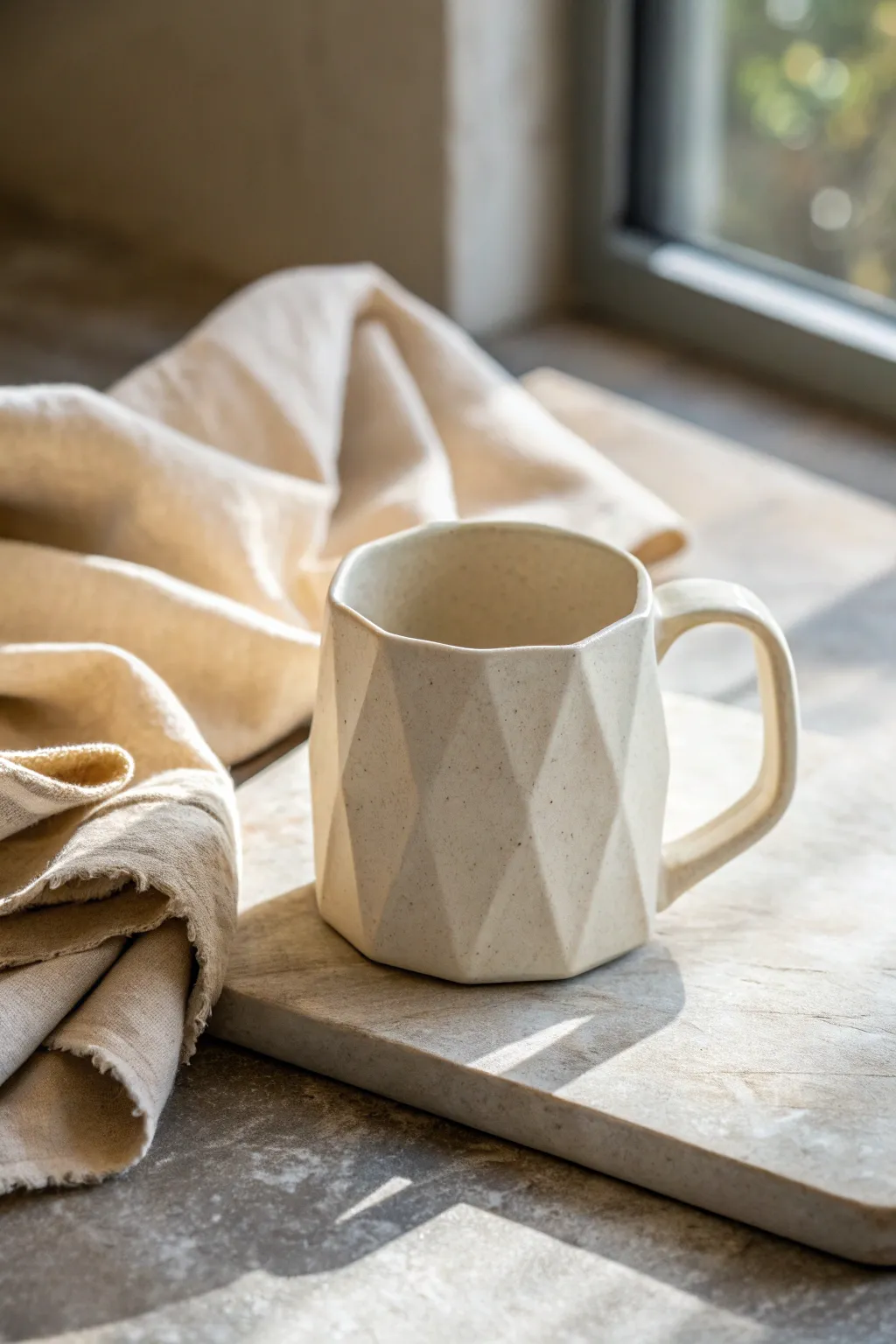 Clean faceted slab mug with satin glaze and linen styling for a calm, modern pottery look.