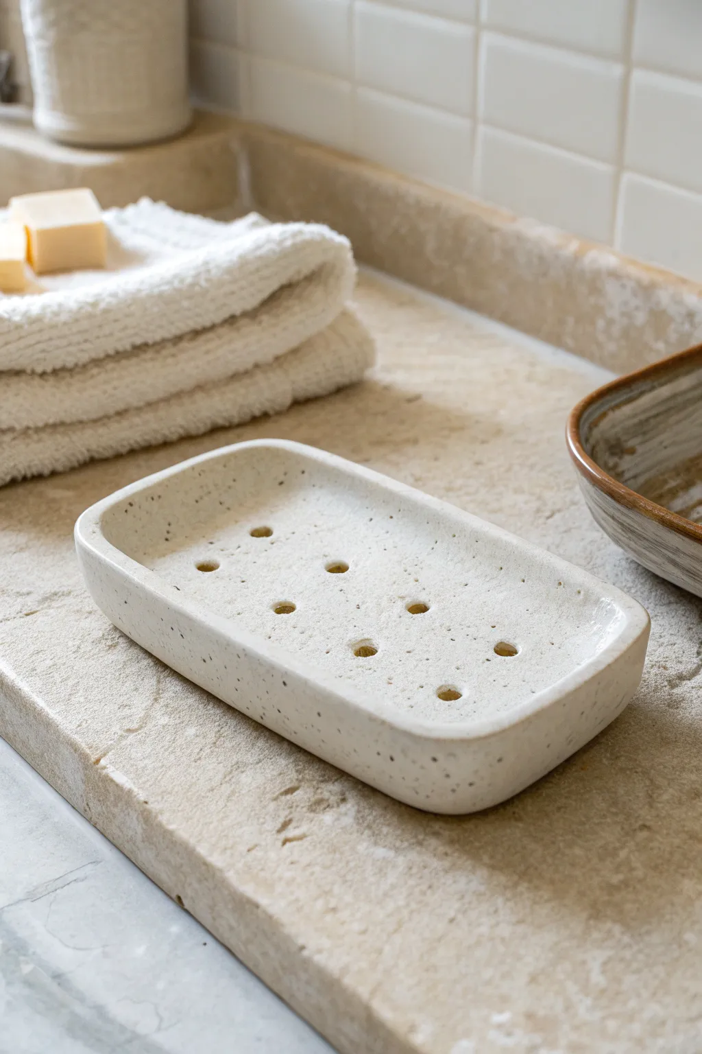 Beginner-friendly slab soap dish with neat drain holes, styled in calm minimalist bathroom light