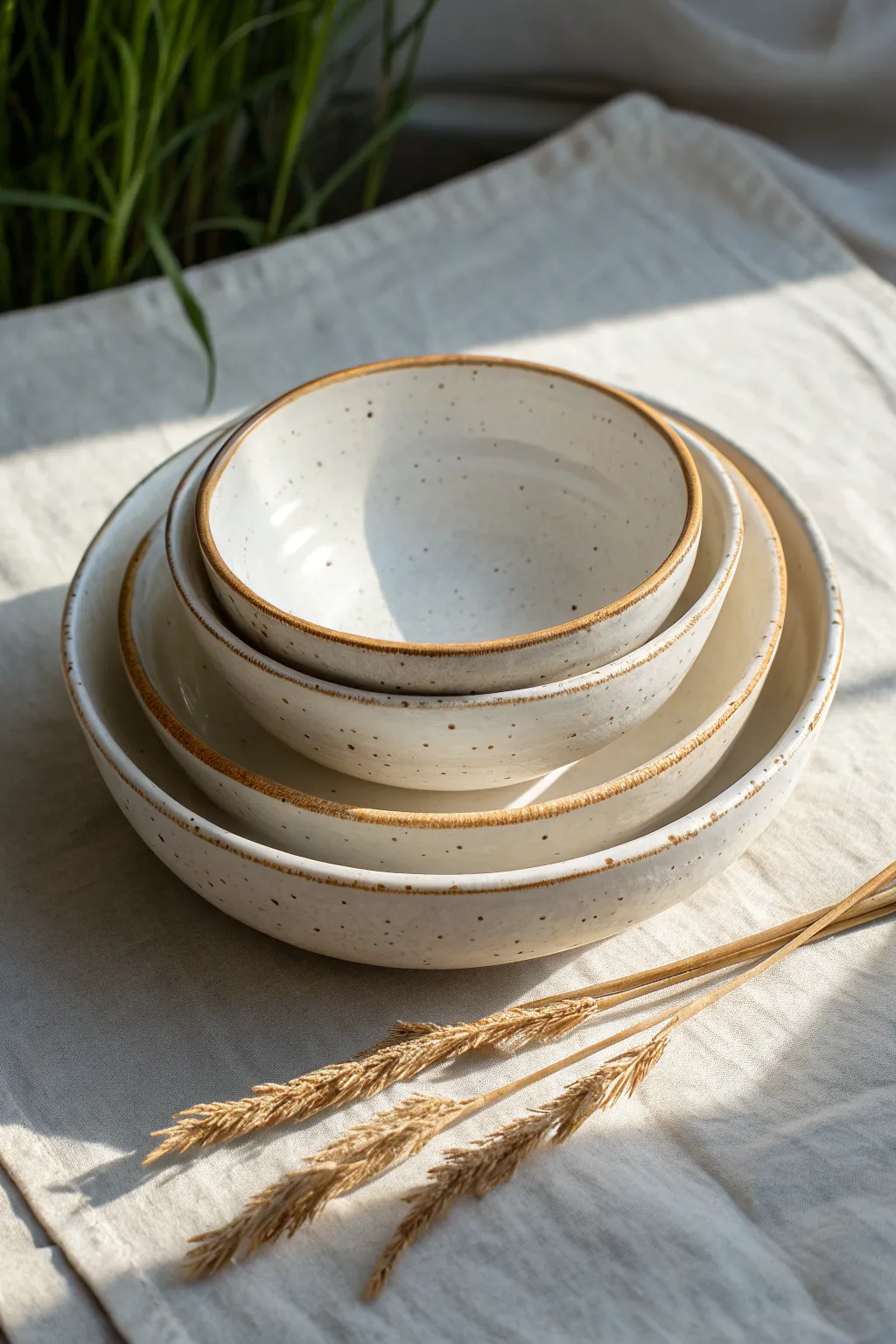 Crisp-rim slump-molded slab bowls with a simple stamped detail, styled in soft neutrals.