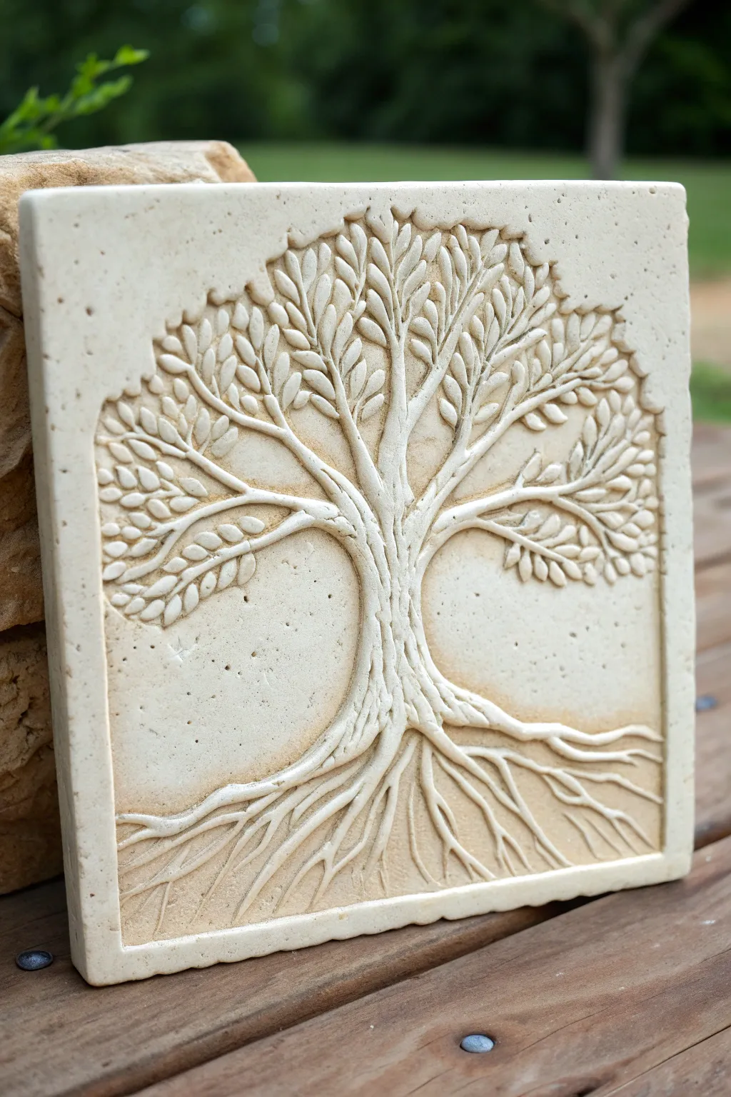 Minimal Tree of Life slab relief tile with bold depth, earthy matte texture, and calm contrast