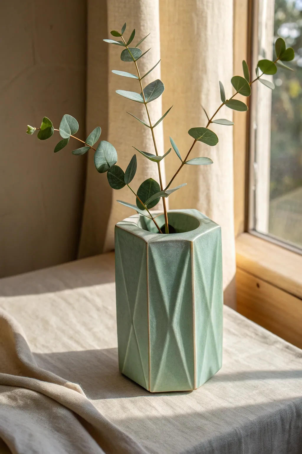 Square slab vase with crisp corners and a single leafy stem, minimalist and handmade calm.