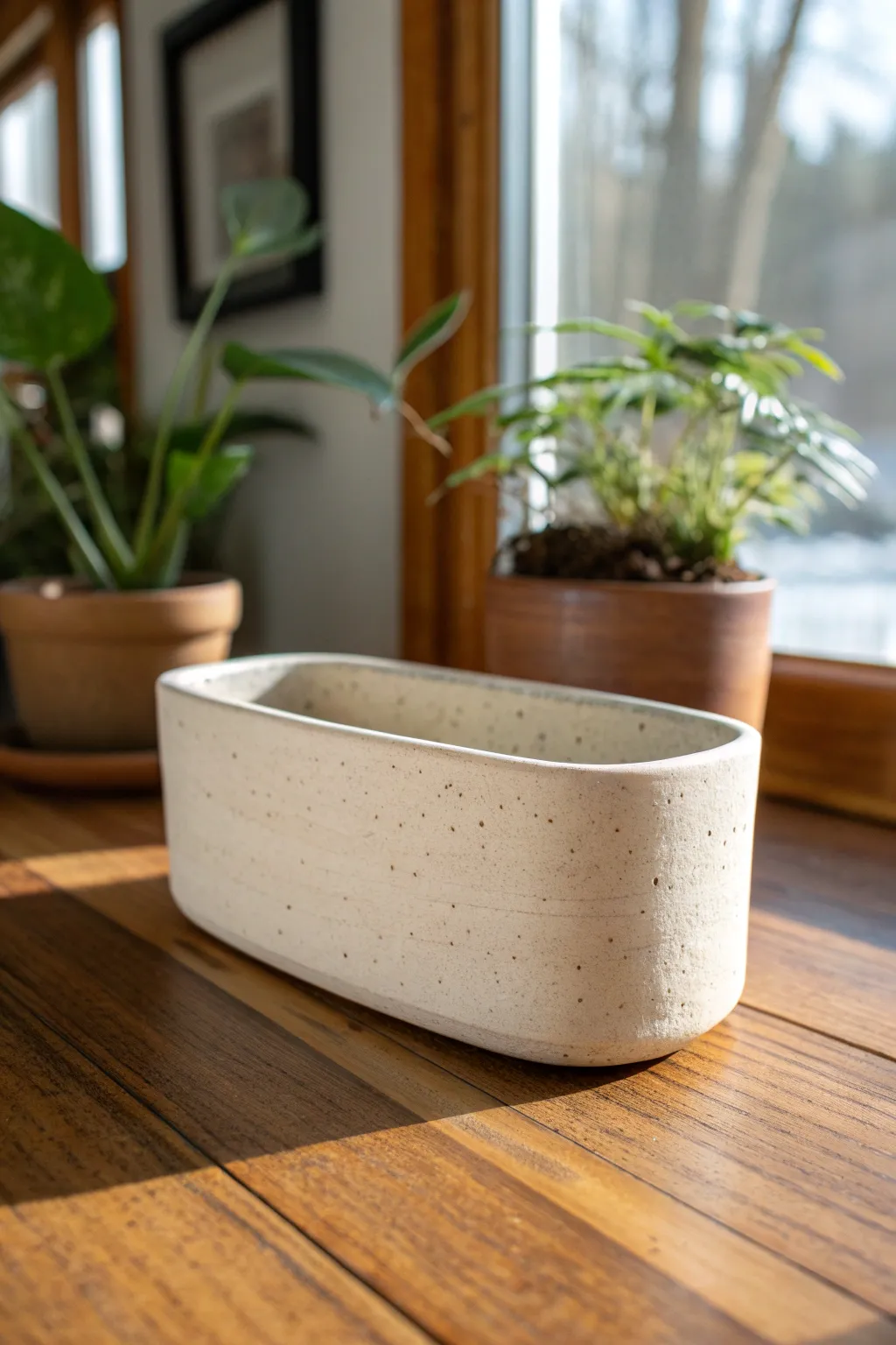 Minimal rectangular slab vessel with a simple foot, perfect as a planter or centerpiece.